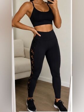 Victoria K Black High-Waist Lace-Up Side Panel Leggings